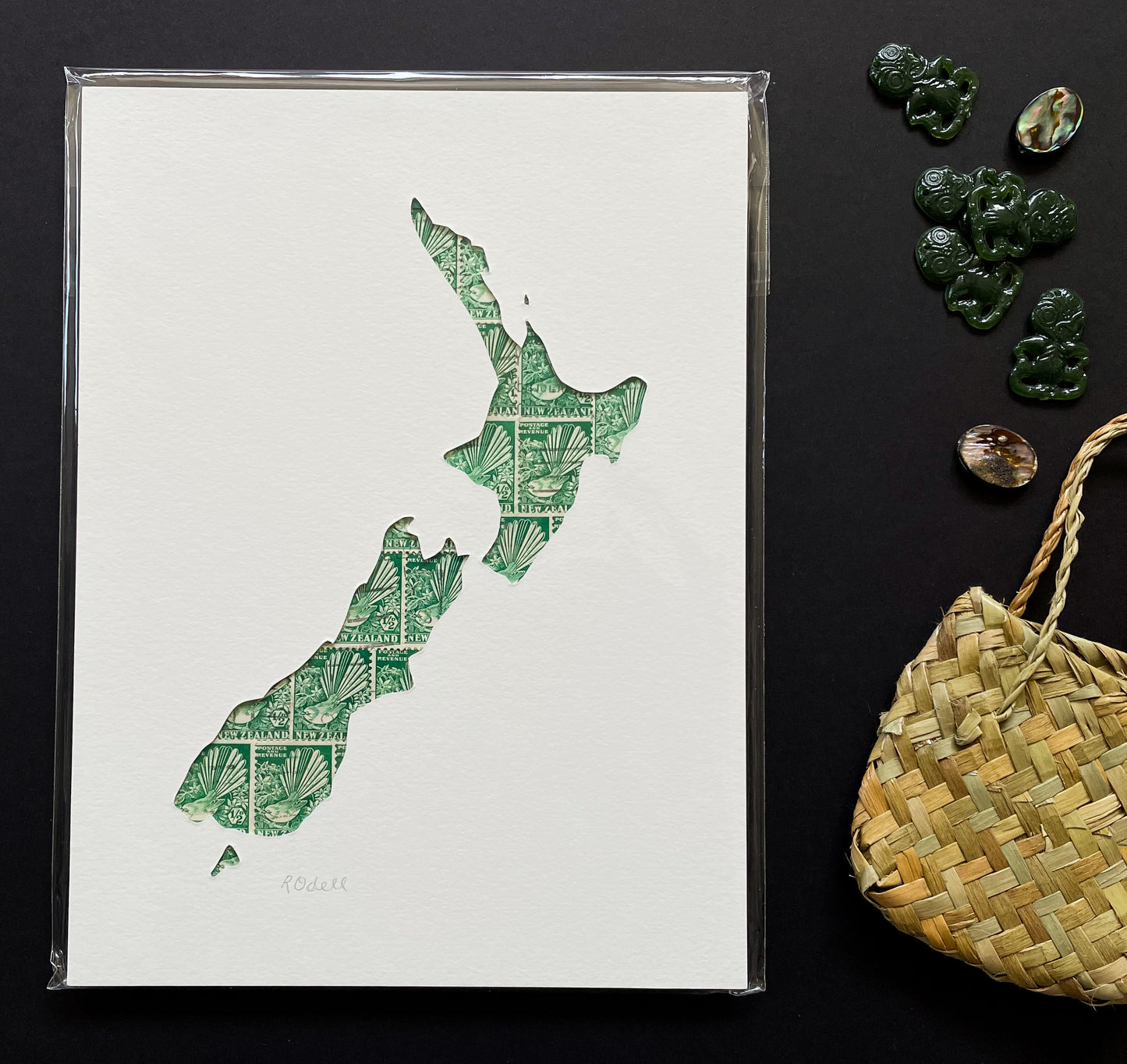 New Zealand Map - fantail stamp, 6x8 inches