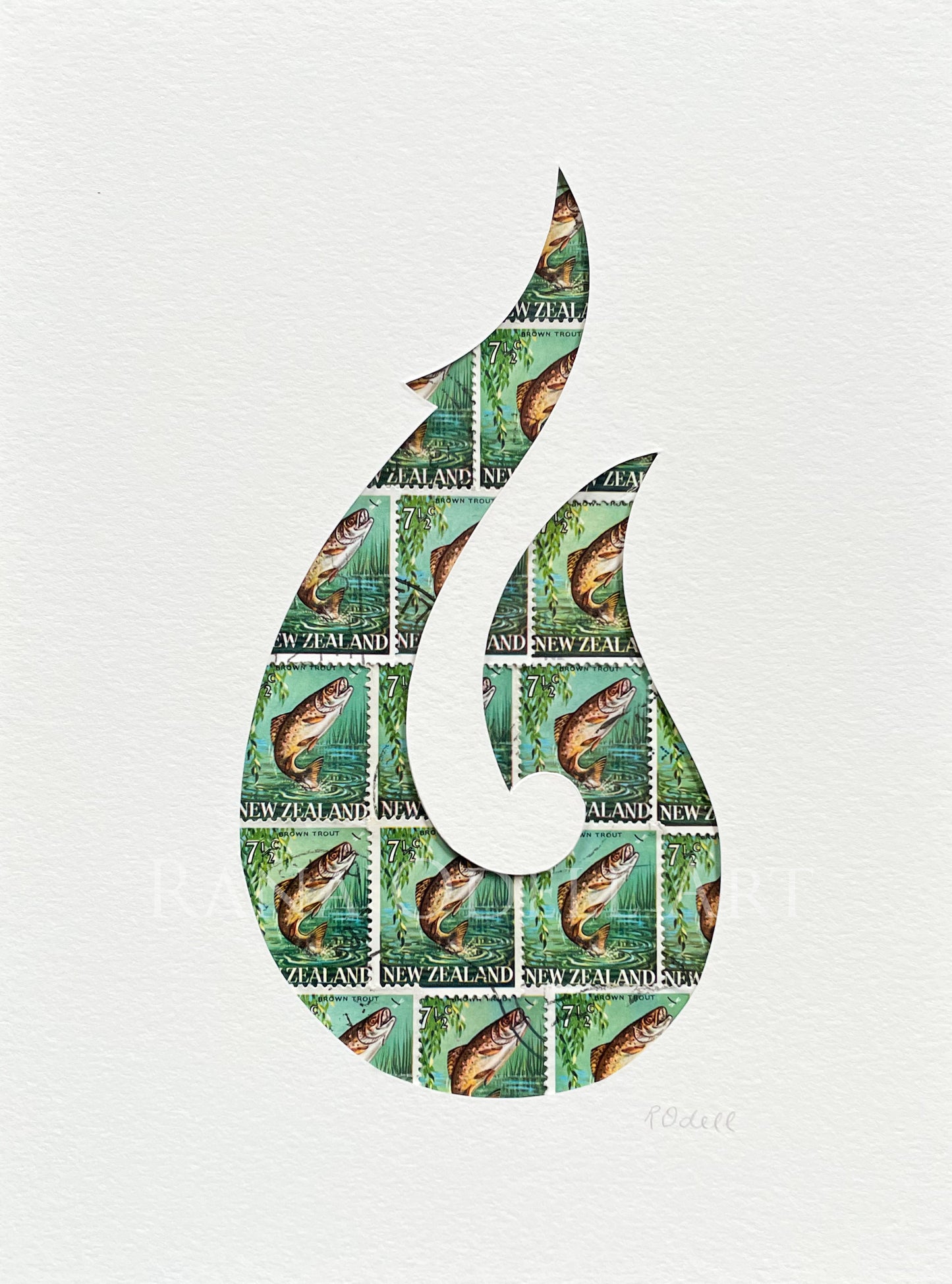 Hei Matau - fish hook, trout stamps, 6x8 inches