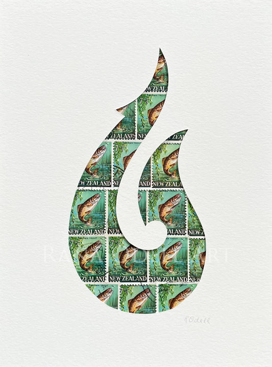 Hei Matau - fish hook, trout stamps, 6x8 inches