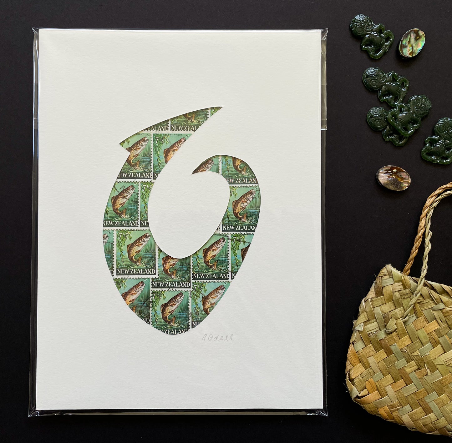 Hei Matau - fish hook, trout stamps, 6x8 inches