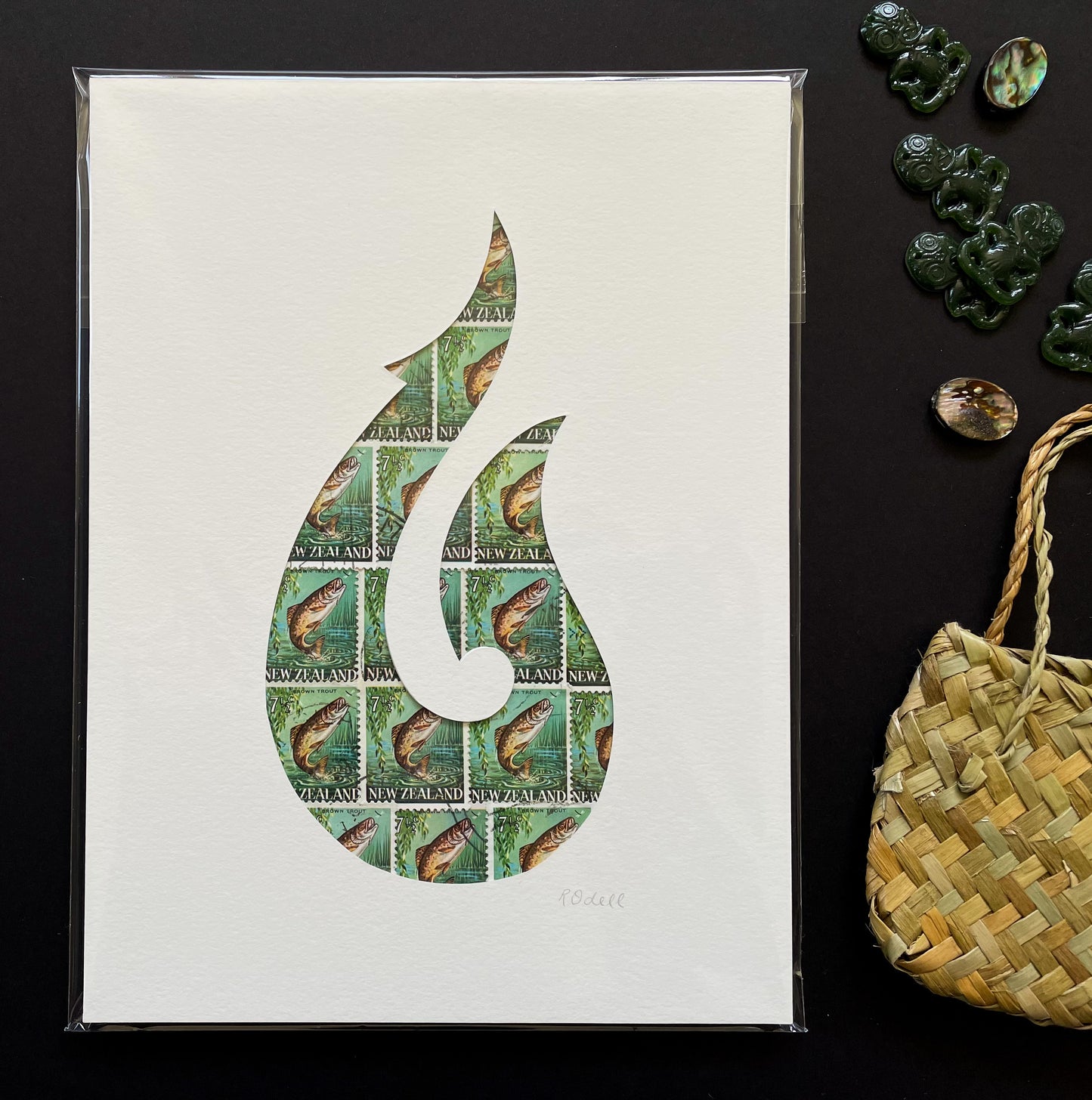 Hei Matau - fish hook, trout stamps, 6x8 inches
