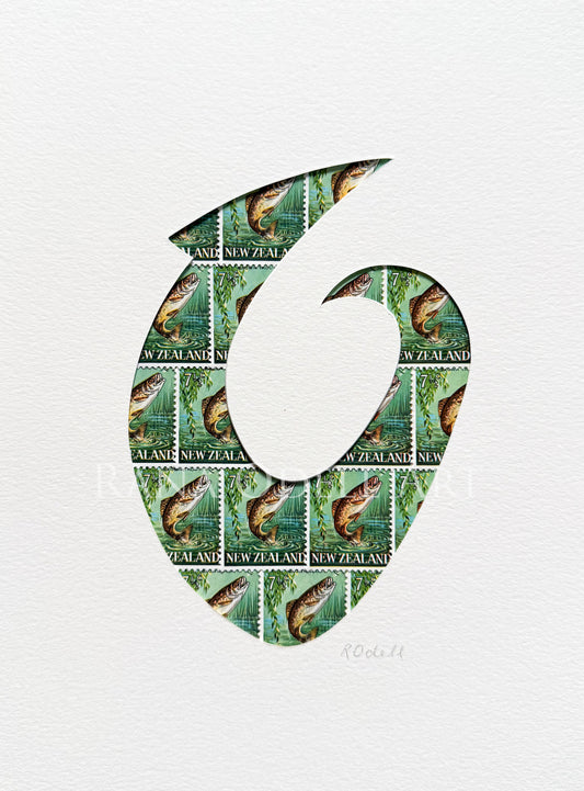 Hei Matau - fish hook, trout stamps, 6x8 inches