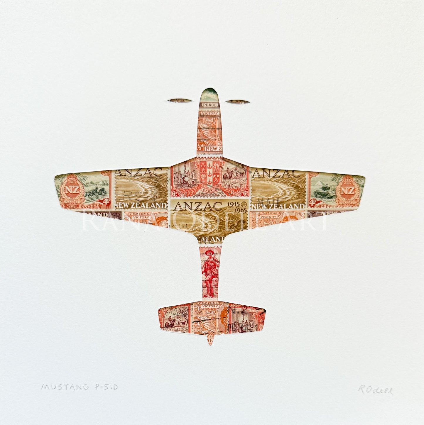 Mustang P-51D, NZ wartime postage stamps, 8x8 inches