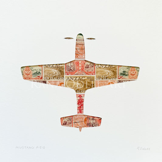 Mustang P-51D, NZ wartime postage stamps, 8x8 inches