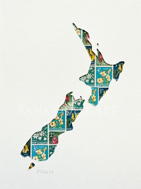 New Zealand Map - flower stamps, 6x8 inches