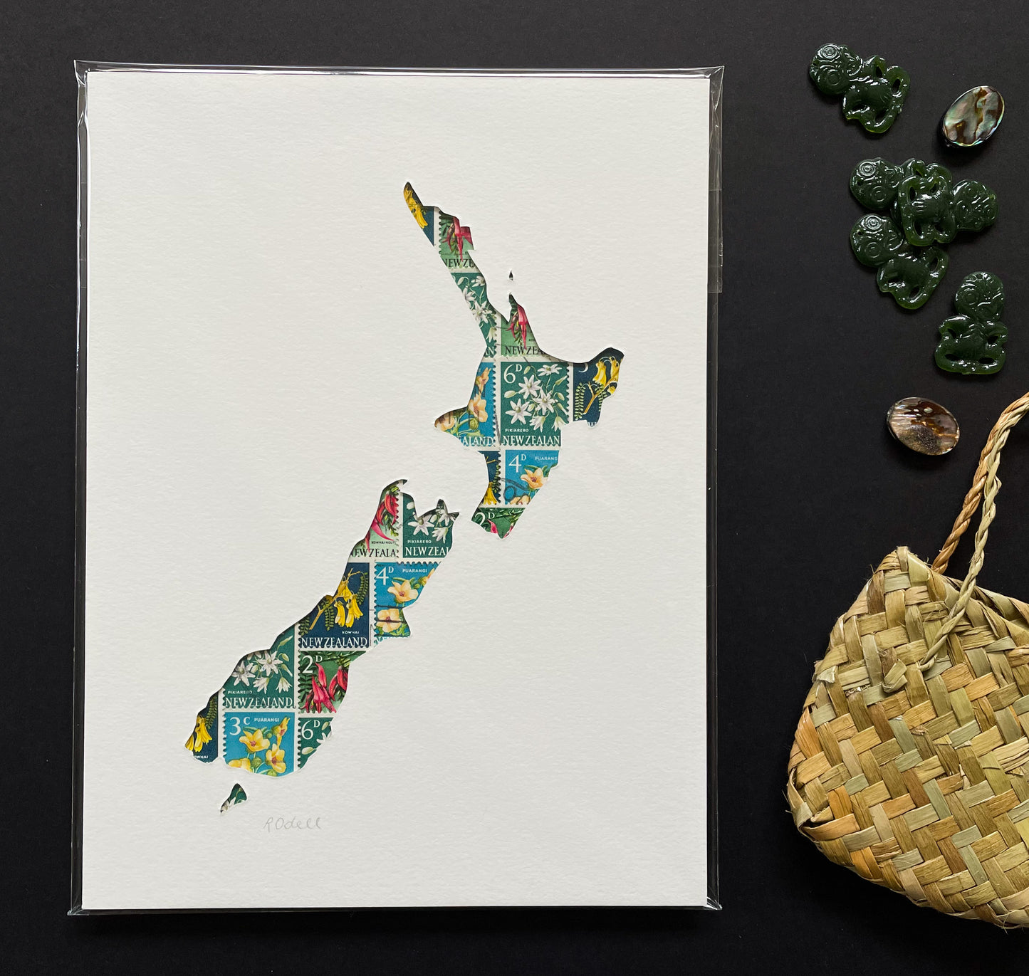New Zealand Map - flower stamps, 6x8 inches
