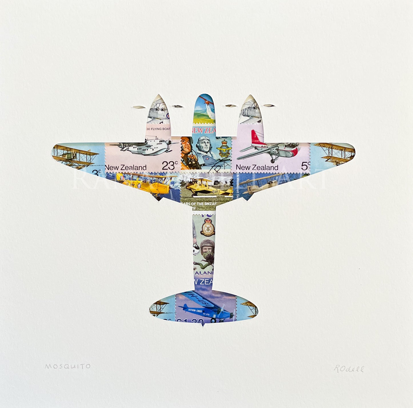 Mosquito plane - NZ stamps, 8x8 inches