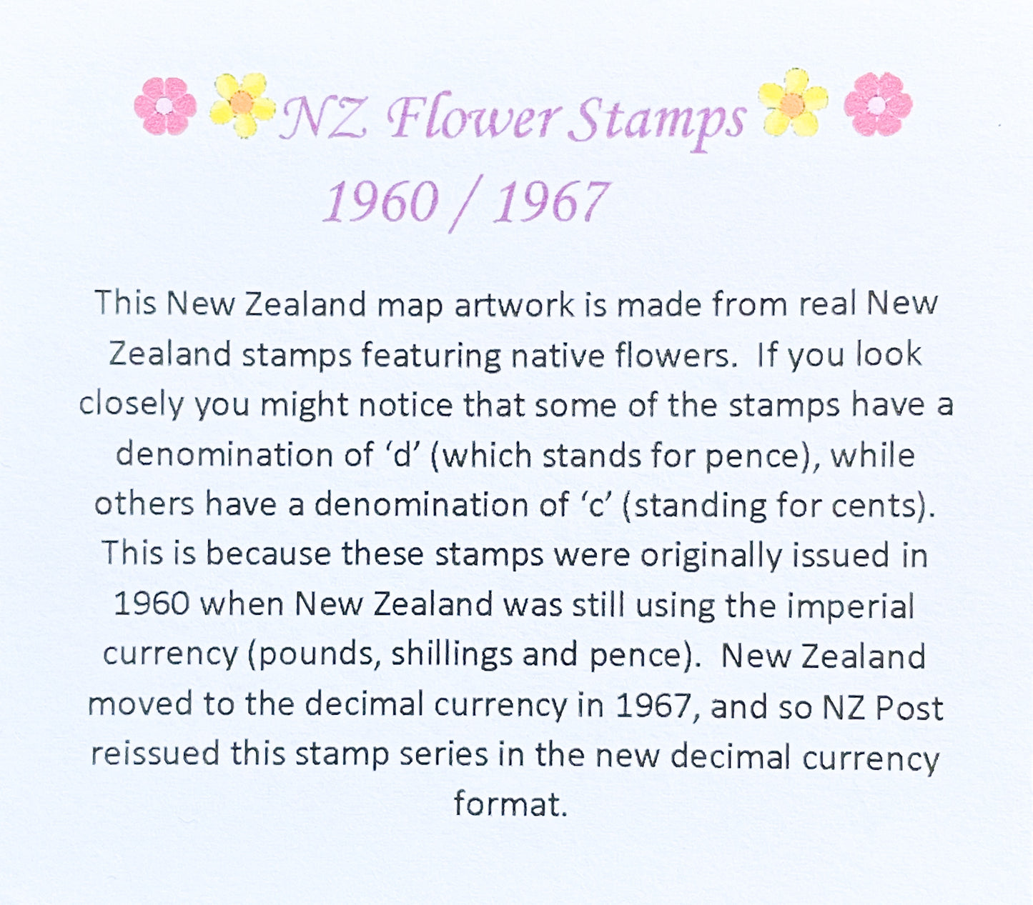 New Zealand Map - flower stamps, 6x8 inches