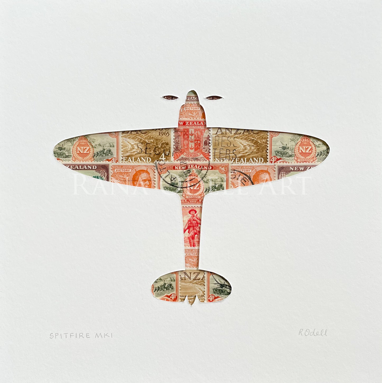 Spitfire Mk1, NZ wartime stamps, 8x8 inches