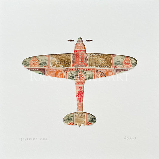 Spitfire Mk1, NZ wartime stamps, 8x8 inches