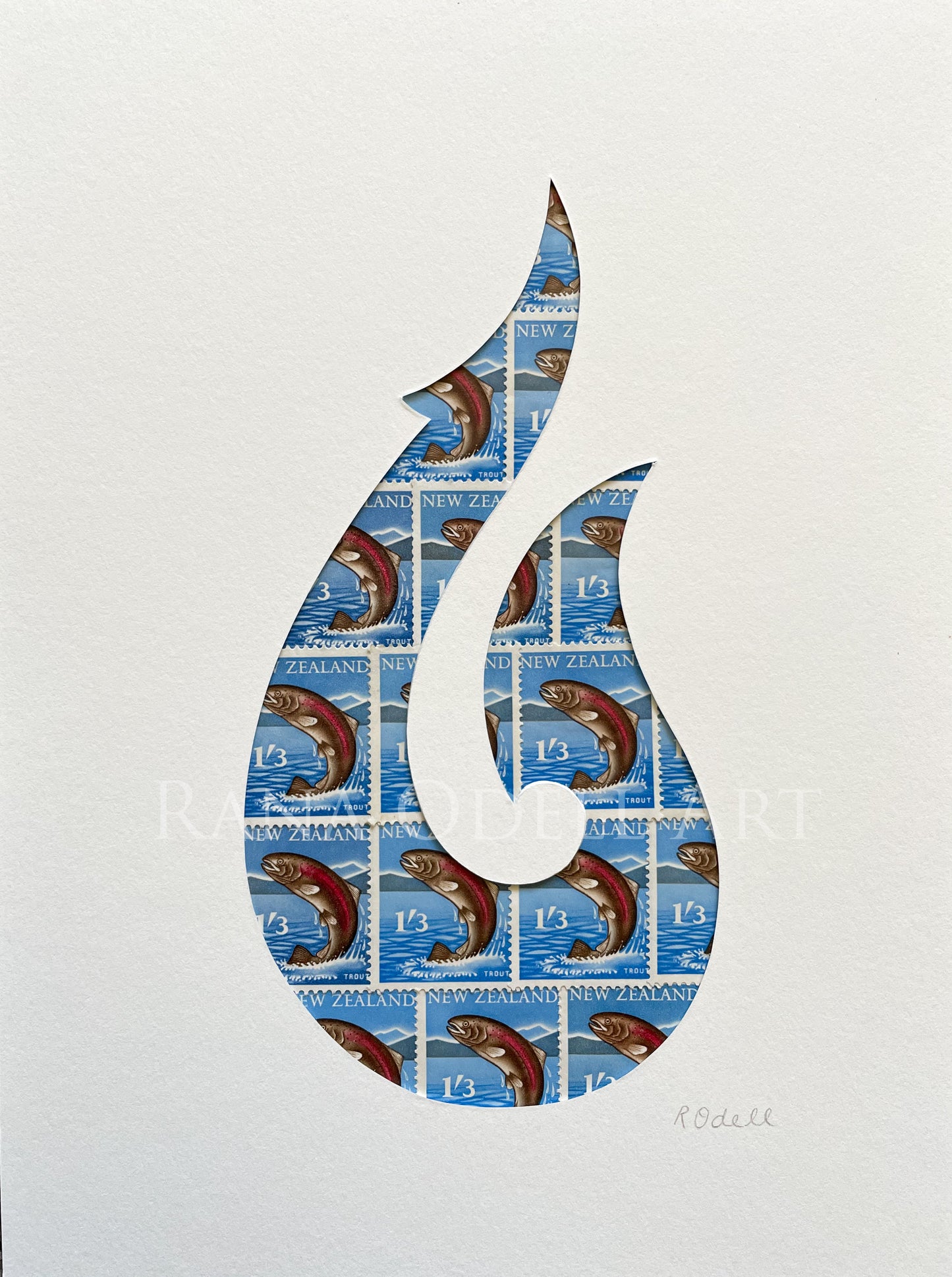 NZ Fish Hook - trout stamps, 6x8 inches