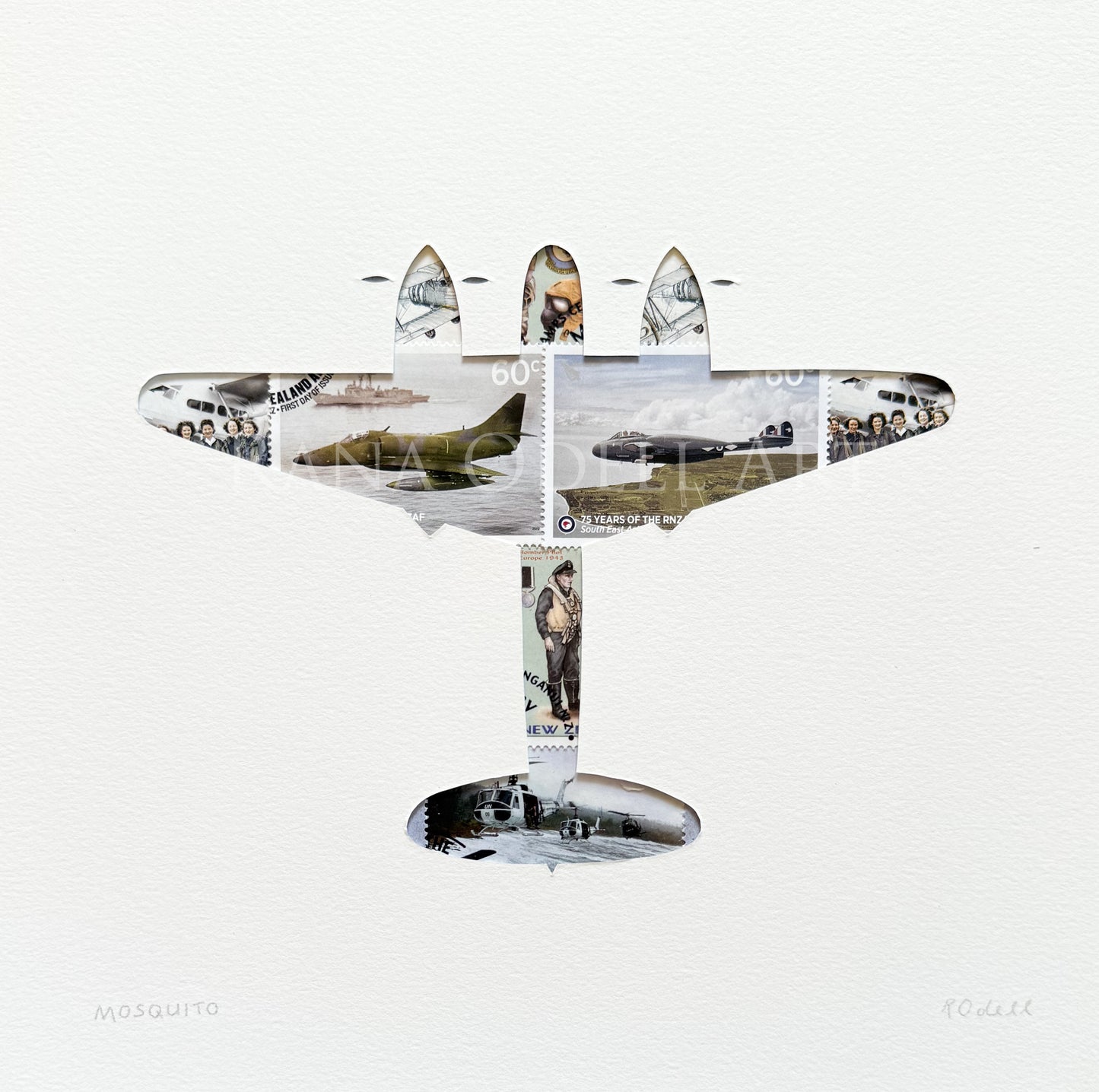 Mosquito plane - NZ stamps, 8x8 inches