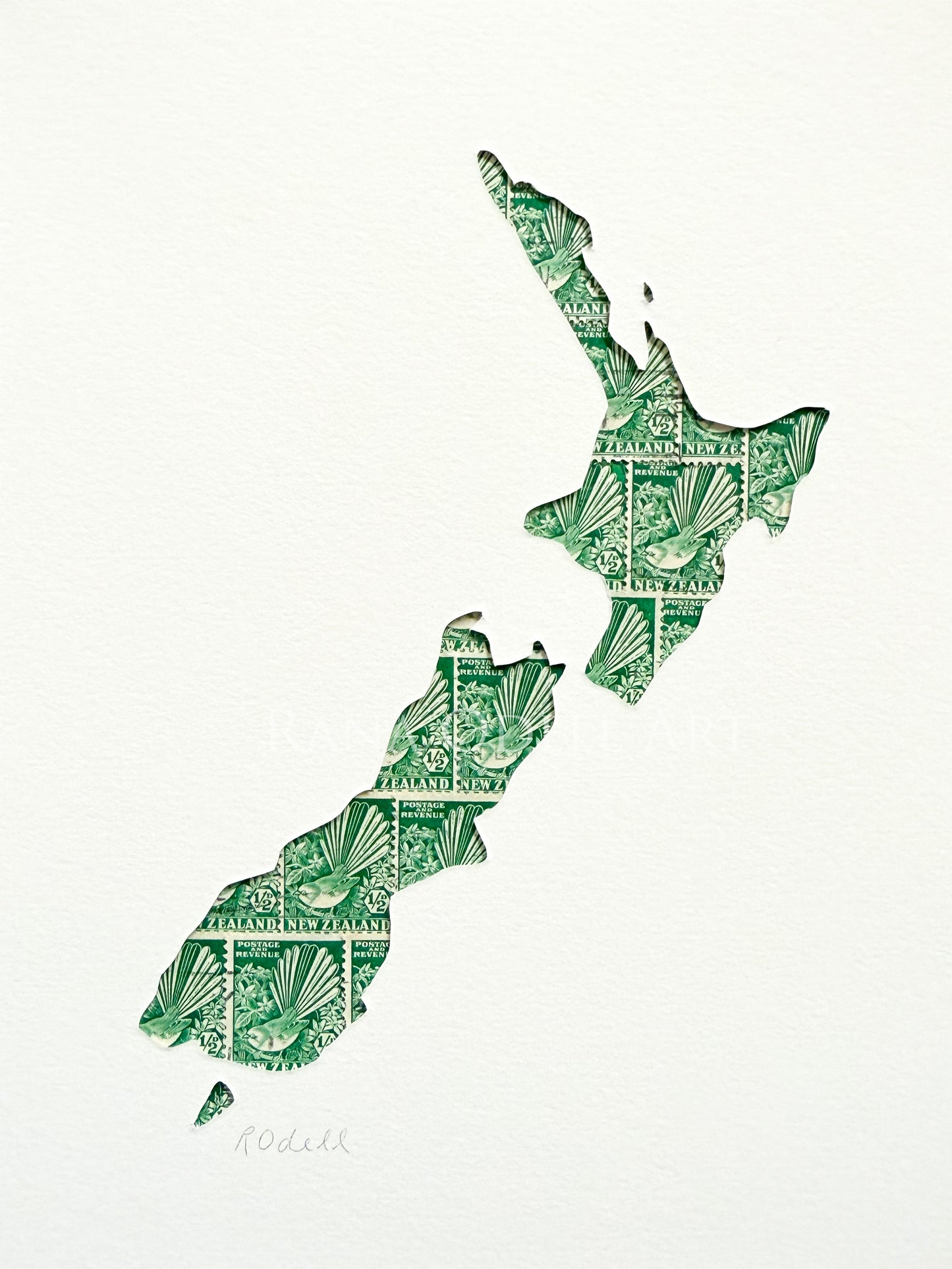 New Zealand Map - fantail stamp, 6x8 inches
