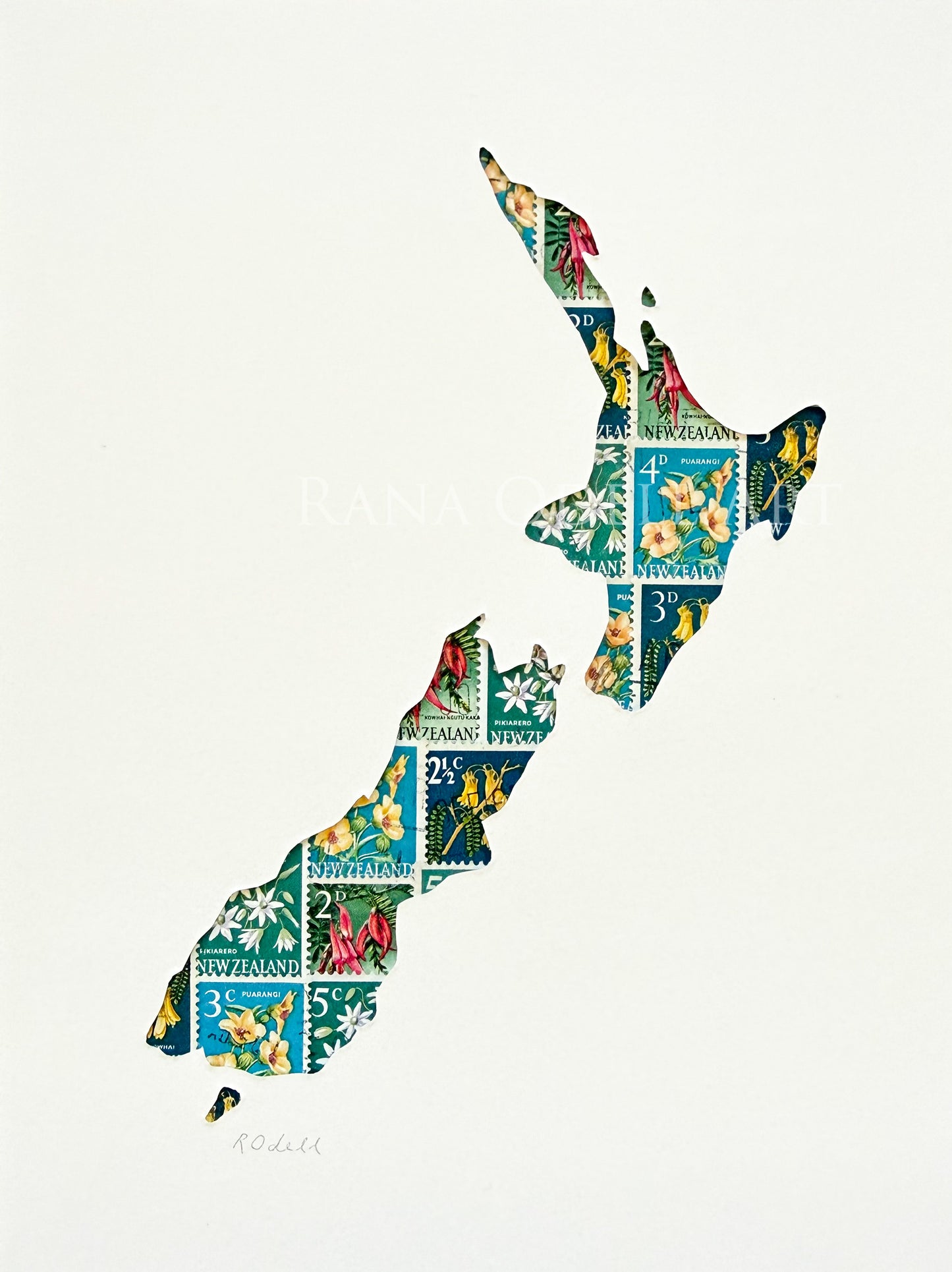 New Zealand Map - flower stamps, 6x8 inches