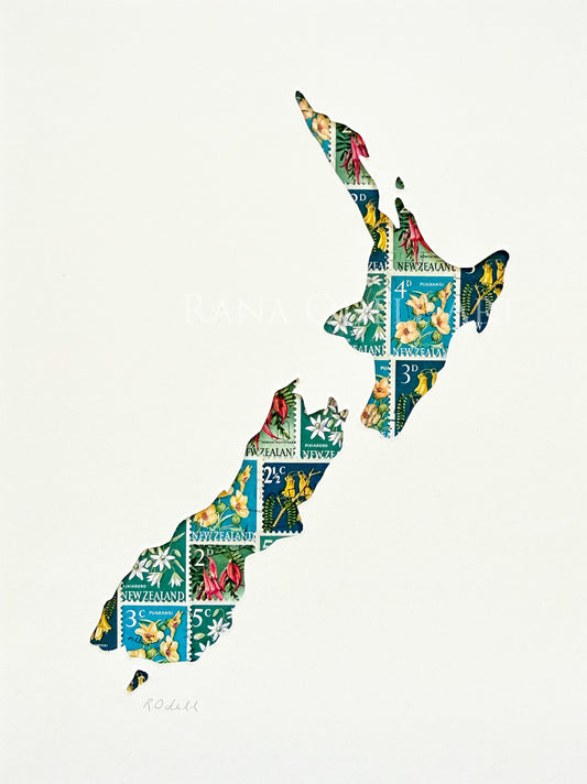 New Zealand Map - flower stamps, 6x8 inches