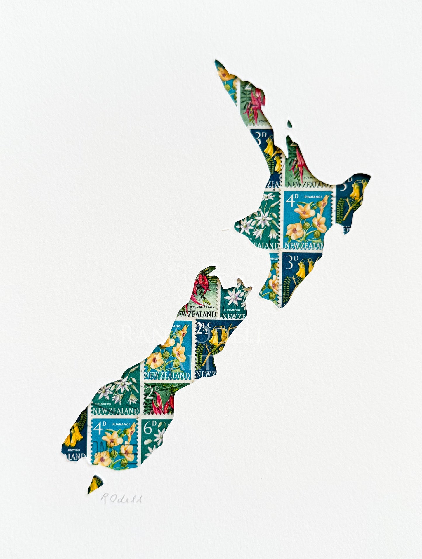 New Zealand Map - flower stamps, 6x8 inches