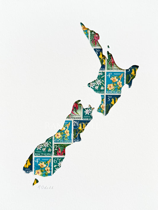 New Zealand Map - flower stamps, 6x8 inches