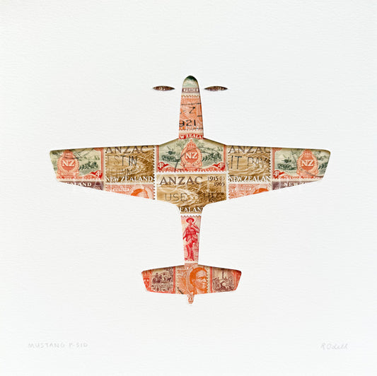 Mustang P-51D, NZ wartime postage stamps, 8x8 inches