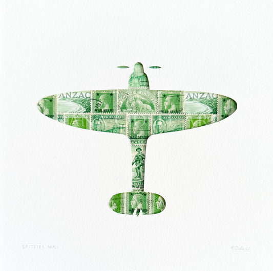 Spitfire Mk1, NZ wartime stamps, 8x8 inches